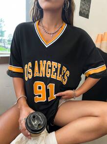 StreetHx Los Angeles English Numeric Pattern Ribbed V-Neck Oversized T-Shirt Graphic Tees Women Tops