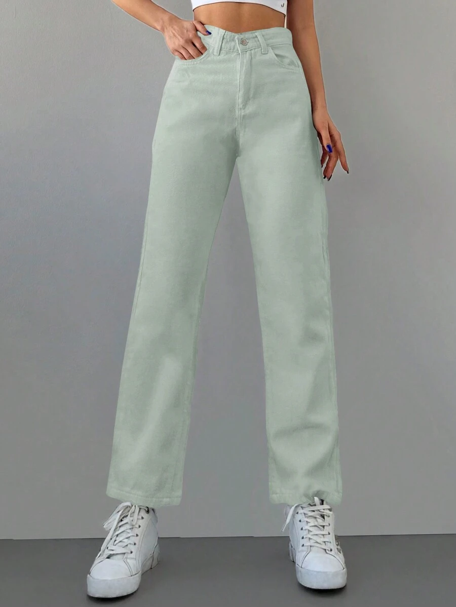 Cottnline High Waist Zipper Fly Front Denim Pants - Mint Green - View 1