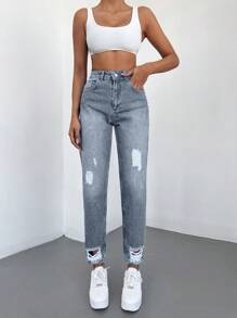 RueChic High Waist Ripped Mom Fit Jeans - Light Wash - View 1