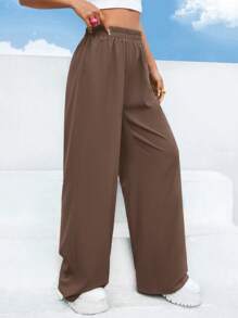 EURMUSE Women's Solid Color Elastic Waist Wide Leg Loose Casual Pants - Brown - View 4