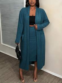 Slaydiva Plus Size Blue Fleece Knit Basic Casual Skirt Set With Long Cardigan For Early Autumn & Winter, B - Navy Blue - View 2