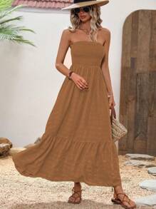 Breezaya Ladies' Solid Color Strapless Vacation Style Summer Dress - Brown - View 1
