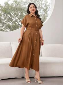 Mulvari Plus Size Solid Color Belted Batwing Sleeve Summer Dress - Brown - View 8