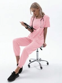 TaskEZ 女士 Scrubs Niaahinn Scrubs 女士套装 护士服套装 上衣和慢跑裤 工作短袖套装 V 领设计 4 个口袋 - 粉色 - 查看 5