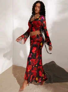 SHEIN VCAY Women's Vacation Tie Dye Printed Two-Piece Outfit With Draped Neck, Fish Tail Skirt - Multicolor - View 5