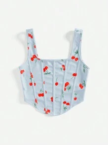 SHEIN VCAY 假日編織櫻桃印花女士背心 - 藍色 - 查看 3