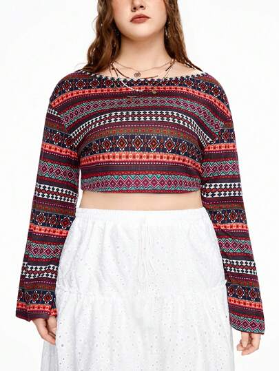 Hippie T-shirt rayé de grande taille style bohème à encolure bateau avec manches larges évasées et longueur raccourcie, idéal pour les vacances