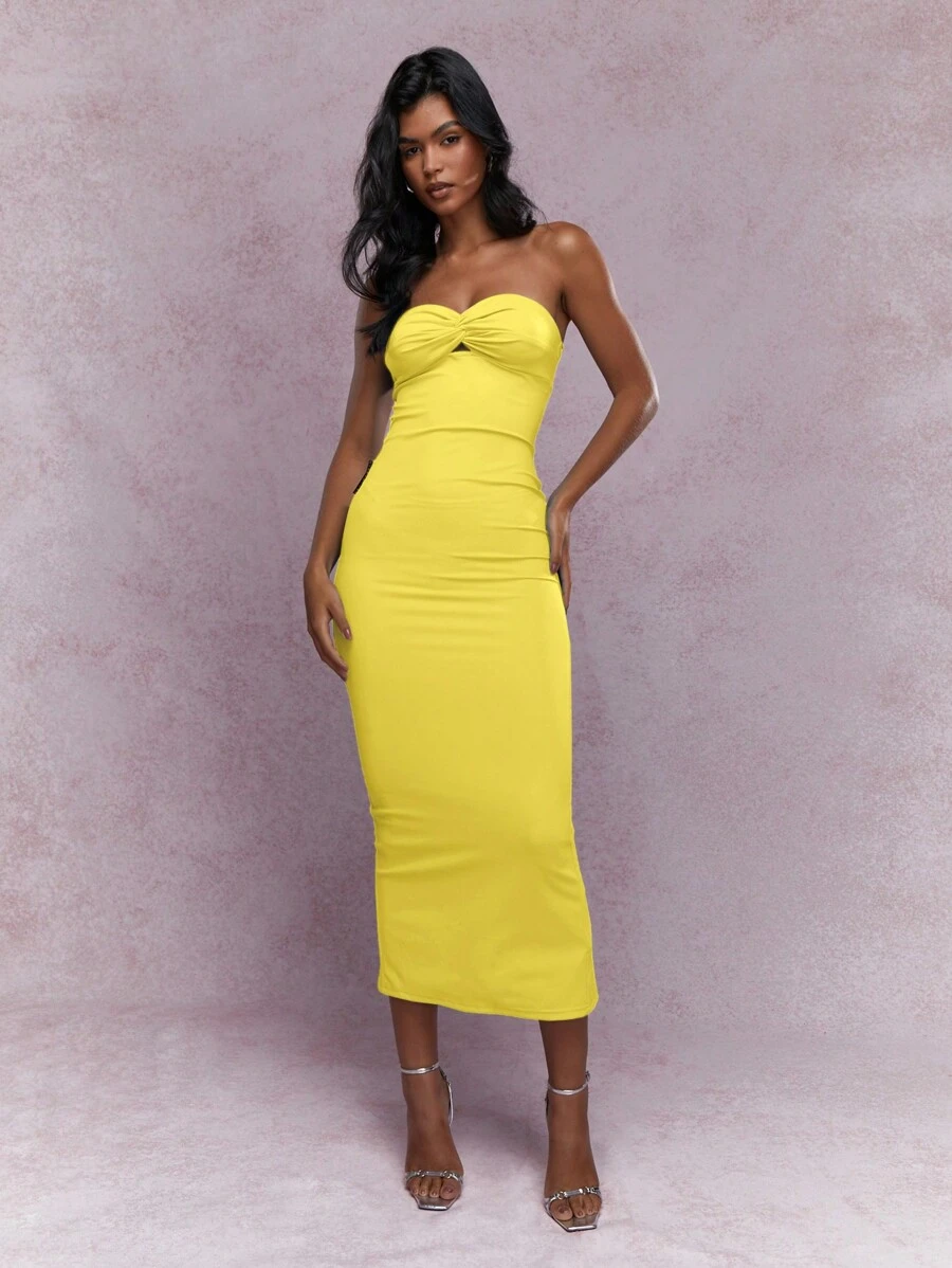 MISSGUIDED 泽西扭纹结胸背开衩下摆露肩抹胸中长连衣裙可爱太阳裙 - 黃色 - 查看 1