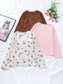 Tween-Mädchen Set aus langärmligem Oberteil mit Rundhalsausschnitt, einfarbig und Hose mit Schmetterlings /Leoparden Allover Print - Verschiedenfarbig - Übersicht 2