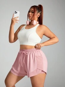 SHEIN Sports Quần short thể thao lưới chắp vá màu trơn cỡ lớn mùa hè thường ngày - Bụi hồng - Xem 4