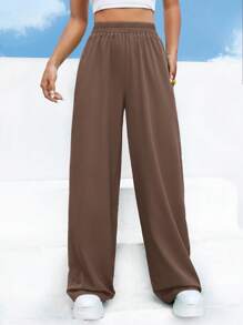 EURMUSE Women's Solid Color Elastic Waist Wide Leg Loose Casual Pants - Brown - View 5