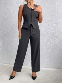 SHEIN Clasi Chaleco de mujer de talla grande abotonado y sin mangas y pantalones de traje para el verano