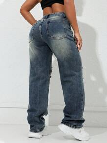 Y2K 嘉年华街紫色高腰侧袋直筒牛仔裤 - 藏蓝色 - 查看 3