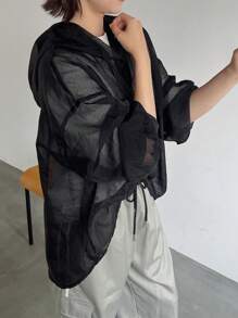 FRIFUL Women's Simple Printed Hooded Long-Sleeved Shirt Sheer Long Sleeve Women - Black - View 7