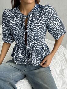 SHEIN EZwear 女式豹紋系帶前短袖襯衫 - 藍色 - 查看 5
