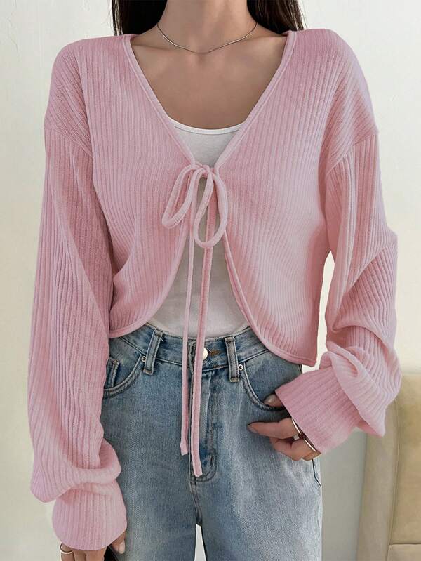 DAZY Solid Color Asymmetrical Hem Long Sleeve T-Shirt With Tie Front