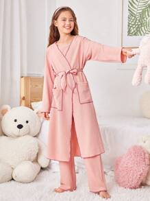 3pcs Girls Pajama Set: Loose Long Sleeve Robe, Cami Top & Wide Leg Pants, Pink - Pink - View 7