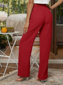 EMERY ROSE Quần dài xếp ly đơn giản màu trơn cho nữ, trang phục thường ngày - Đỏ - Xem 2