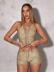 SHEIN BAE 女士简约休闲金属孔眼装饰夏季短裤，低腰超短短裤，卡其色 PU 皮革短裤 - 卡其色 - 查看 1