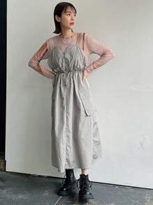 FRIFUL Women's Zipper Pockets Design Waist-Cinched Casual Dress Sundress - Light Grey - View 6