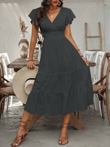 Breezaya 女士純色V領交叉前短袖連衣裙 - 灰色 - 查看 5