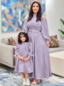 Modelyn Đầm dạ hội dài tay màu trơn cổ đứng khoét rỗng cho nữ - Màu tím - Xem 1