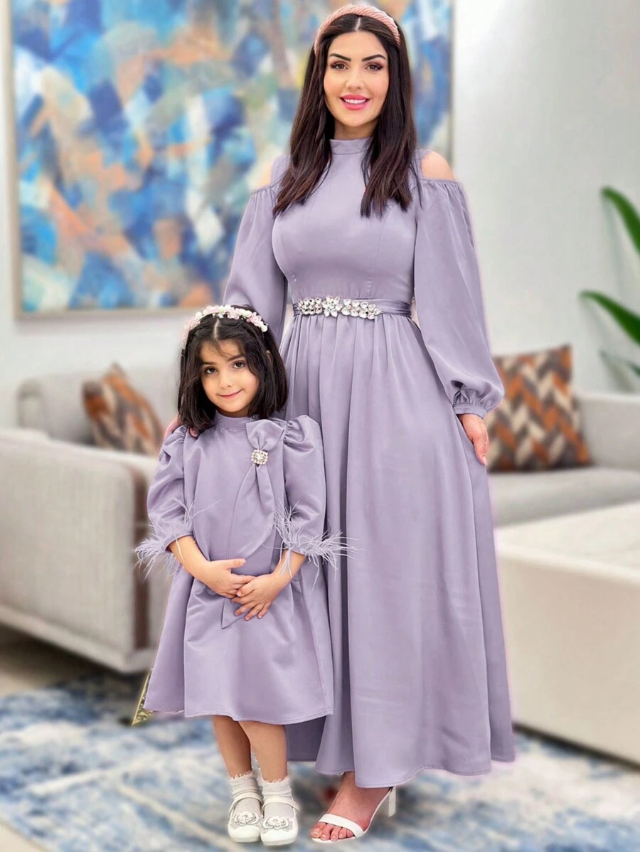 Modelyn Đầm dạ hội dài tay màu trơn cổ đứng khoét rỗng cho nữ - Màu tím - Xem 1