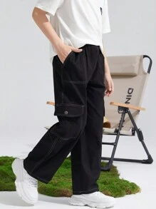 SHEIN Leap Crew Calças De Tecido Colorido Com Ajuste Casual Para Meninos Adolescentes, 1 Peça, Com Decoração De Linha, Adequadas Para Uso Diário, Calças Cargo Pretas - Preto - Visão 7