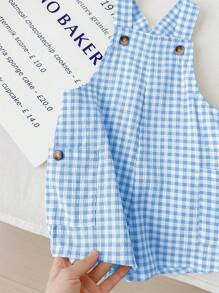 SHEIN Baby Boy Summer Cute Plaid Patterned Jumpsuit With Suspenders, For Christmas - Blue - View 4