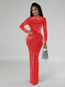 Women's Sheer Mesh LongSleeve Prom Dress StandCollar Contrast SequinRhinestone Long Party DressHigh Stretch Pencil HemRed Silver RhinestonePearl Fringe, High-NeckLong-Sleeve Mermaid Dress,Autumn/Winter ChristmasParty Luxury Gown - Red - View 1