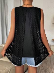 SHEIN LUNE 純色圓領不對稱下擺休閒背心，隨機花卉圖案 - 黑色 - 查看 2