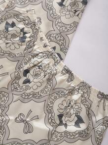Floral Printed Silk-Like Short Sleeve Pajama Set With Open Front Top And Shorts - Apricot - View 4