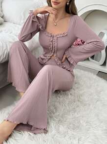 Lapel Collar & Ruffle Hem Split Design Women's Homewear Set - Dusty Pink - View 1