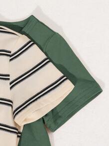 SHEIN 4入組夏季韓式休閒可愛卡通圖案條紋短袖T恤，工作服口袋松緊腰短褲適用於男女嬰兒 - 軍綠色 - 查看 6