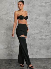 Hauture Pantalones para fiesta con adornos de strass y corte sexy - Negro - Ver 6
