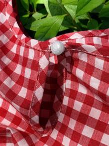 Comfortcana 紅白相間格紋印花綁帶袖口上衣，夏日外出佳品 - 紅白色 - 查看 4