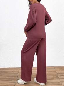 SHEIN 孕婦2入組圓領寬鬆長袖上衣和束繩時尚直筒舒適褲 - 紅色 - 查看 2