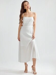 Enchnt Women's Fashionable Solid Color Waist Cinching Sling Dress - White - View 1
