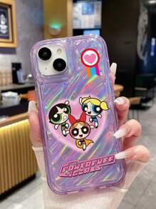 The Powerpuff Girls | ROMWE 1 pieza Estuche transparente de teléfono móvil con diseño de policía y efecto láser de papel de carta ondulado TPU morado transparente, adecuado para múltiples modelos como iPhone
