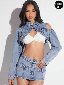 SHEIN Unity Denim Crop Jacket & Mini Skirt Two Pieces Set - Light Wash - View 8