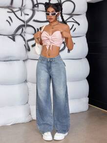 SHEIN ICON Quần jean denim có thắt lưng thắt nơ, đã giặt - Rửa nhẹ - Xem 6