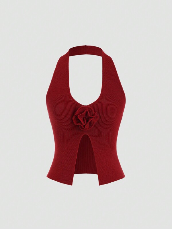 Sweetra Women's Solid Color Simple Knitted Sweater With Halter For Daily Wear Y2K Outfit Christmas Holiday Party Dress  Tops Redburgundy>Toptop Reddark Red Topred>Top