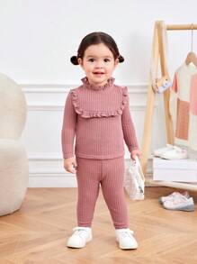 SHEIN Babygirl 纯色针织荷叶边下摆长袖上衣和松紧腰长裤两件套，秋冬 - 粉色 - 查看 6