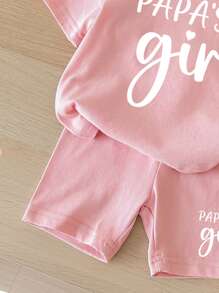 SHEIN Bộ áo thun ngắn tay và quần short in chữ đơn giản thường ngày cho bé gái, thích hợp cho mùa hè - Hồng - Xem 5