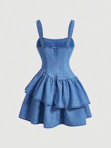 SHEIN MOD Robe cami en jean à double couche asymétrique avec nœud sur les bretelles, couleur unie pour femmes