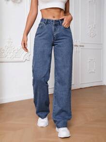 SHEIN Tall Slant Pocket Straight Leg Jeans - Dark Wash - View 1