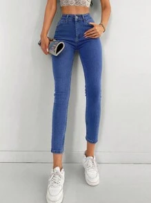 EURMUSE Solid Cropped Skinny Jeans - Dark Wash - View 1