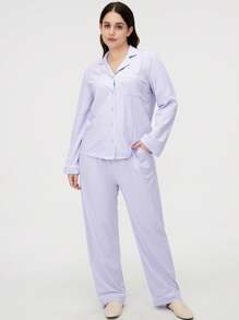 LUVLETTE Blue Soft Basic Long Women Cotton Pajama Set Lounge Sets For Women Pants With Pockets