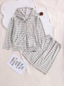 Tween Boys' Simple Light Grey Striped Shorts And Long Sleeve Hooded Zipper Top Casual Two-Piece Homewear Set - Light Grey - View 1