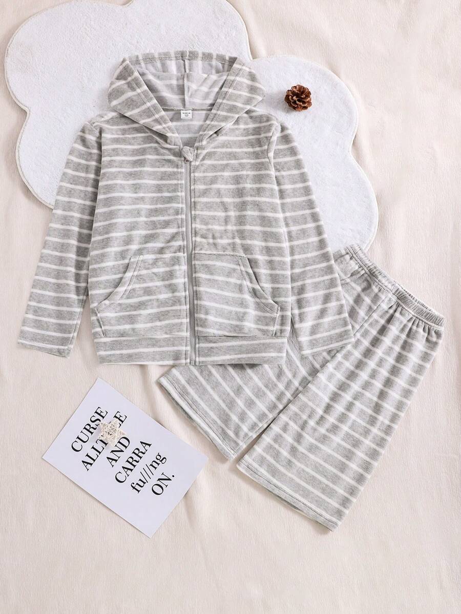 Tween Boys' Simple Light Grey Striped Shorts And Long Sleeve Hooded Zipper Top Casual Two-Piece Homewear Set - Light Grey - View 1